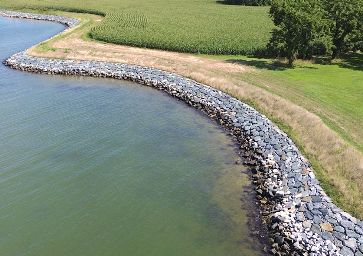 Rip-rap Installation for a Residential Shoreline in Unionville, MD.